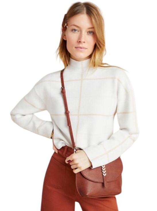 Anthropologie Sweaters - Anthropologie Cream Windowpane Plaid Ivanna Knit Mock Neck Sweater